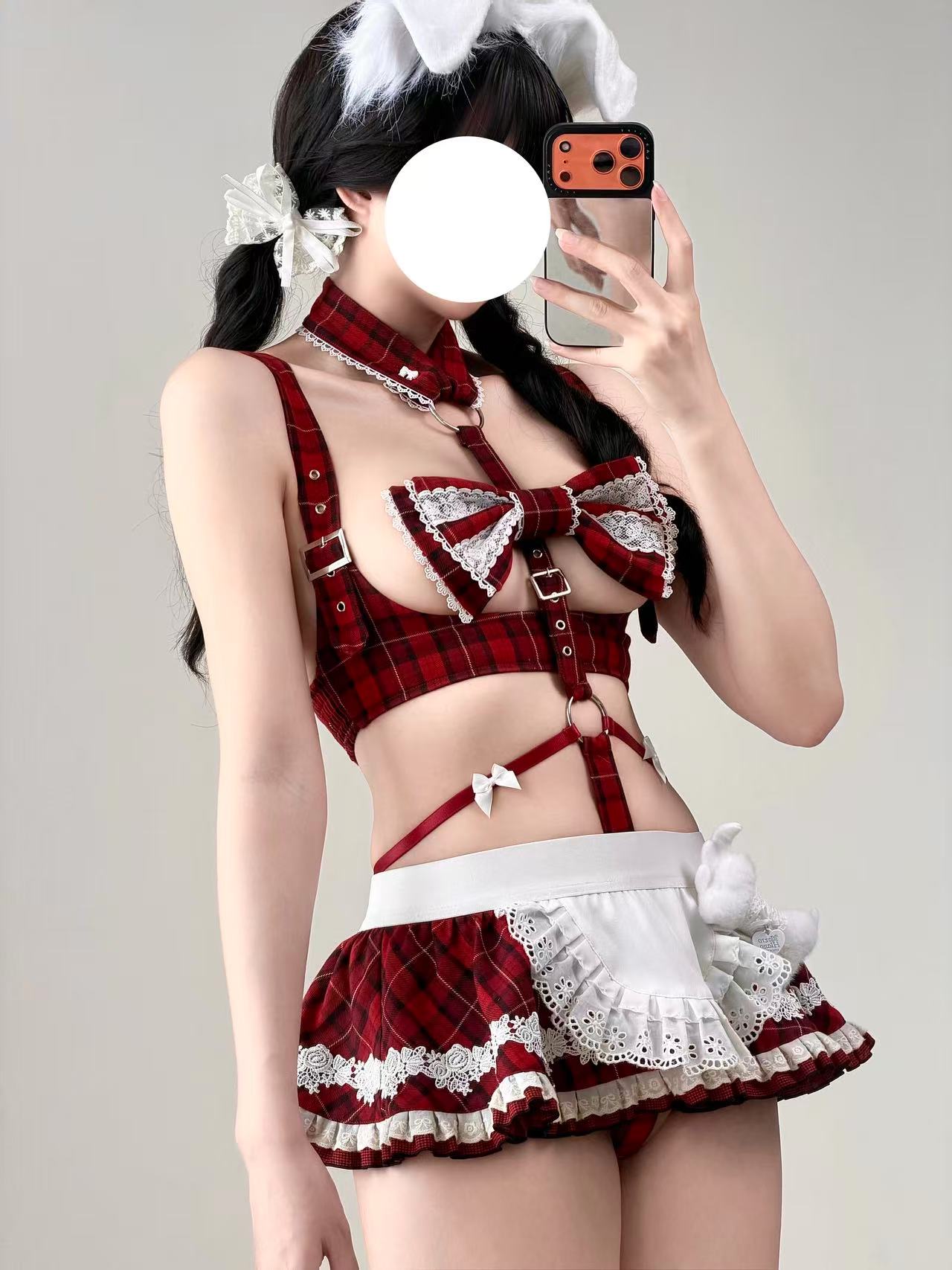 【スカート着脱2Way】赤チェック柄スクール風ハーネスランジェリー フリルエプロン付き 75kg対応【エビスタジオ】