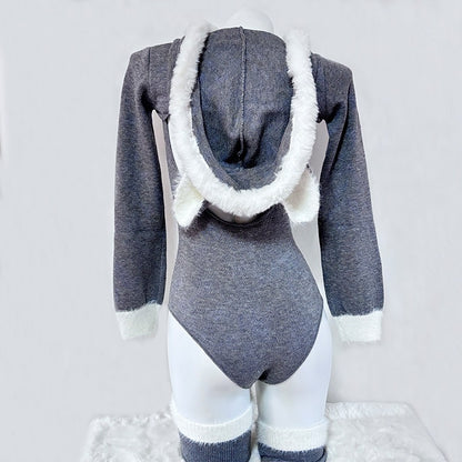 可愛い冬のグレーふわもこニットパーカーレオタード4点セット【BOLOLI】