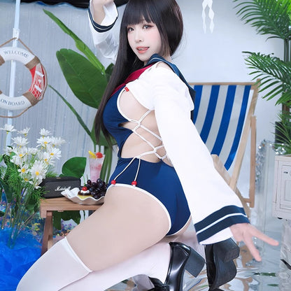 セーラー風トップスとハイレグスクール水着2点セット【得体社】