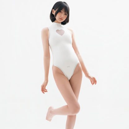 純白ハイネックセクシー超ハイレグ競泳水着 胸元ハートくり抜き 背中全開【得体社】