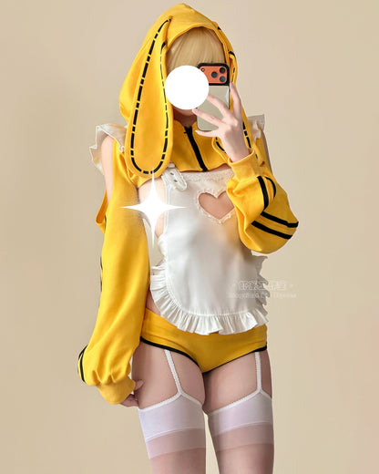 イエローブルマ風うさ耳パーカー×極小マイクロビキニ ハートくり抜きエプロン付き 【エビスタジオ】