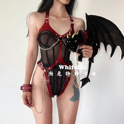 身体のラインを美しく引き立てるレザーボディーハーネス ブラック/ワインレッド【WhiteLia】