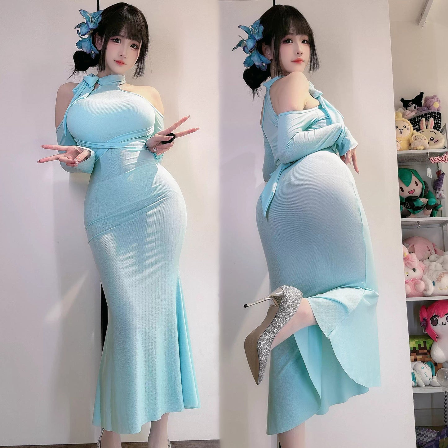 曲線美を極めるフェミニンなホルターネックタイトドレス 水色/レッド/パープル/ピンク【TANG YUAN】