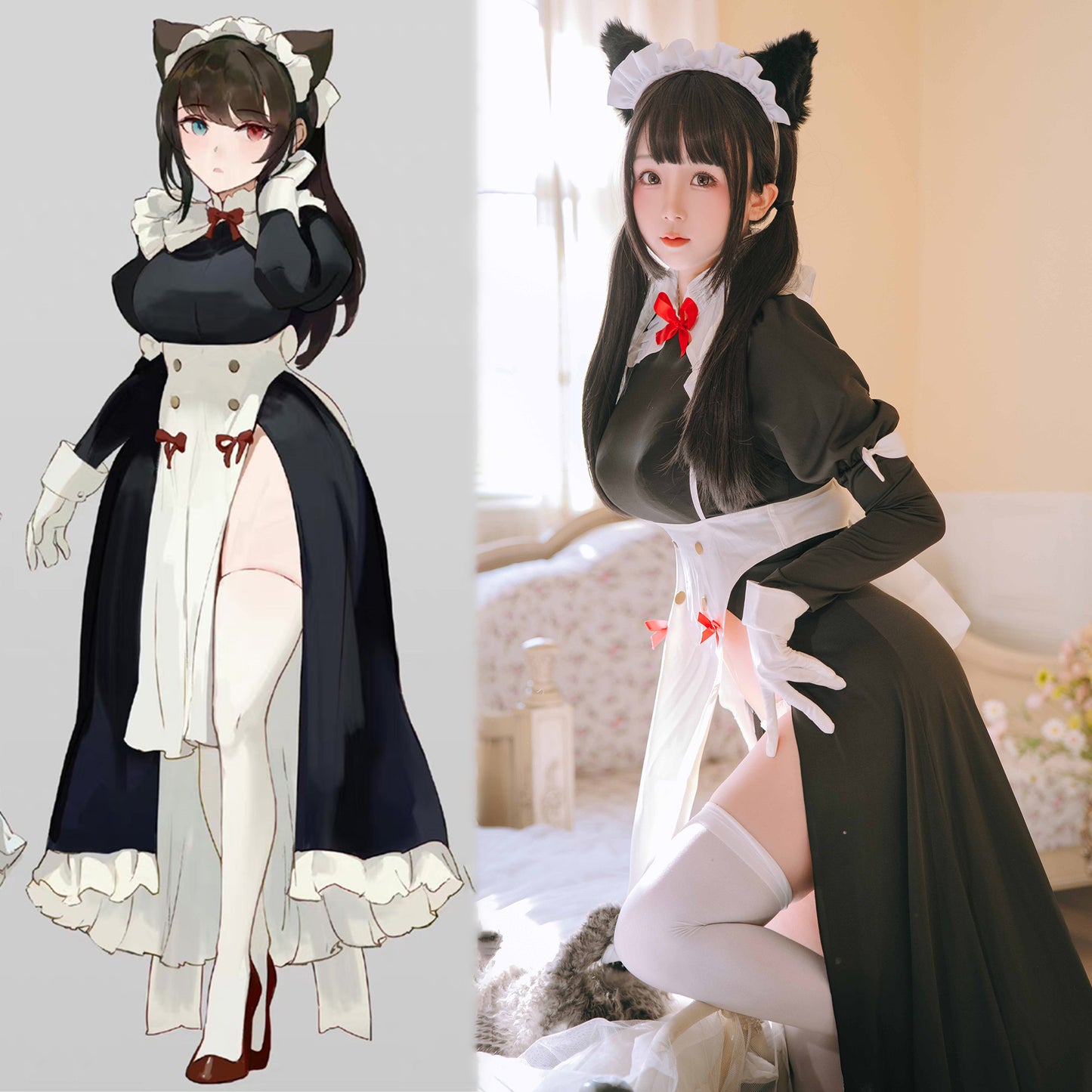 フロントオープン可愛い猫娘ロングメイドコスプレ 猫耳付き【歪萌舍】