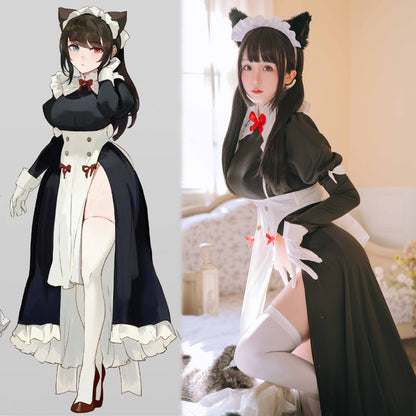 フロントオープン可愛い猫娘ロングメイドコスプレ 猫耳付き【歪萌舍】