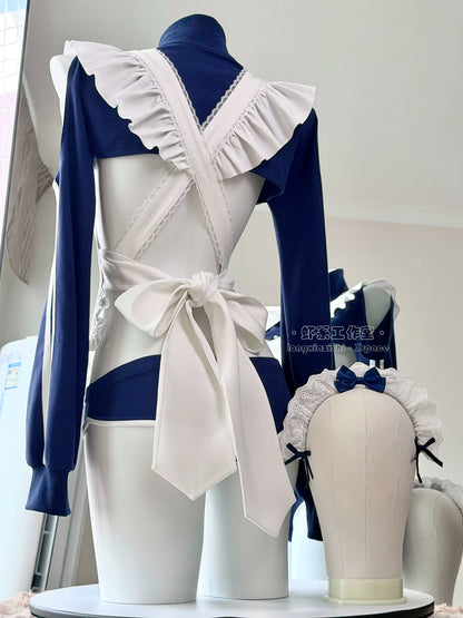 【胸元ハート窓×横乳】ブルマ風スポーティメイドコスプレ5点セット 体型カバー・75kg対応【エビスタジオ】