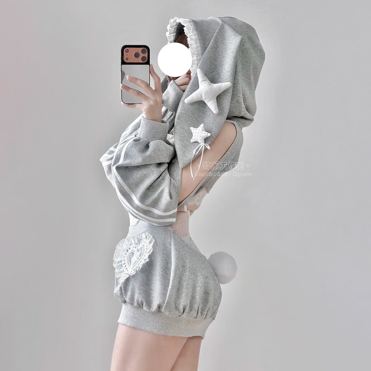グレーラビット うさ耳フード スポーツウェア 体操服 サロペット 75kg対応 コスプレ サイド透け ディテール レースレオタード ふんわりシルエット 体型カバー コスチューム