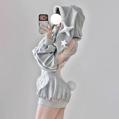 グレーラビット うさ耳フード スポーツウェア 体操服 サロペット 75kg対応 コスプレ サイド透け ディテール レースレオタード ふんわりシルエット 体型カバー コスチューム