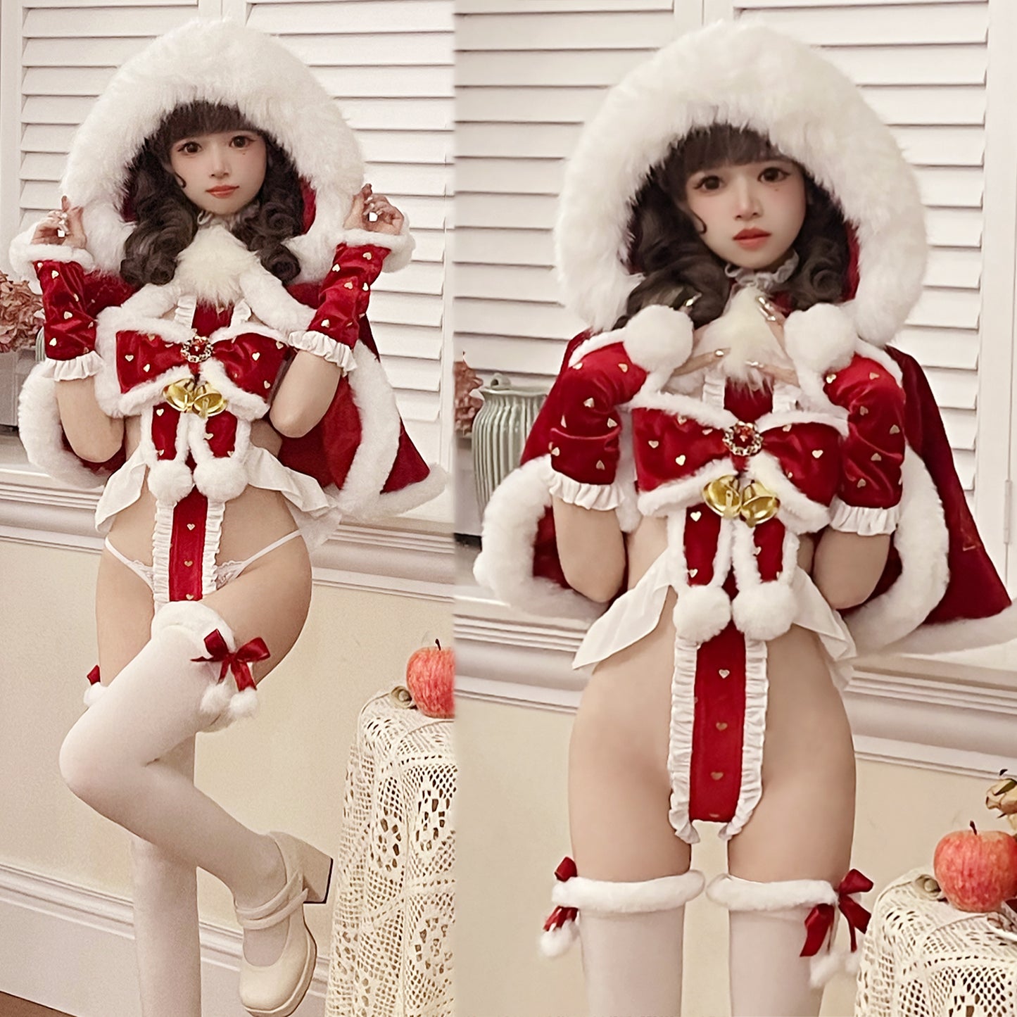 【数量限定販売】ふわふわ可愛いマント付きセクシー帯状レオタードサンタコスプレ クリスマスコスチューム【晩安魔法】