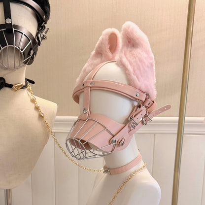 【躾けられる悦び】ふわふわファー犬耳×ハード拘束。高級人間用ドッグマズル（口輪）黒/ピンク