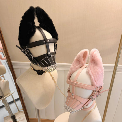 【躾けられる悦び】ふわふわファー犬耳×ハード拘束。高級人間用ドッグマズル（口輪）黒/ピンク