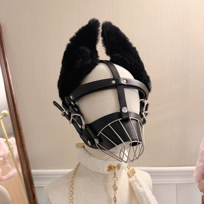 【躾けられる悦び】ふわふわファー犬耳×ハード拘束。高級人間用ドッグマズル（口輪）黒/ピンク