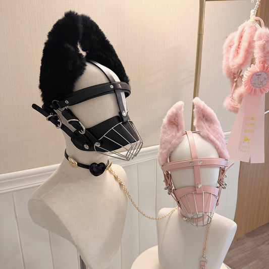 【躾けられる悦び】ふわふわファー犬耳×ハード拘束。高級人間用ドッグマズル（口輪）黒/ピンク