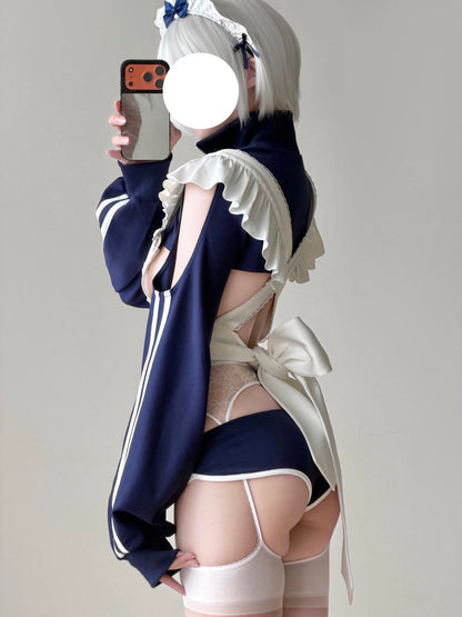 【胸元ハート窓×横乳】ブルマ風スポーティメイドコスプレ5点セット 体型カバー・75kg対応【エビスタジオ】