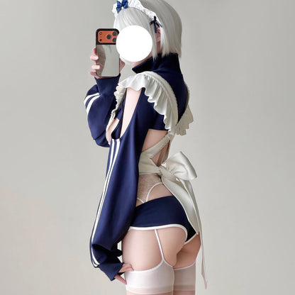 【胸元ハート窓×横乳】ブルマ風スポーティメイドコスプレ5点セット 体型カバー・75kg対応【エビスタジオ】