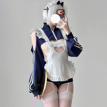 【胸元ハート窓×横乳】ブルマ風スポーティメイドコスプレ5点セット 体型カバー・75kg対応【エビスタジオ】