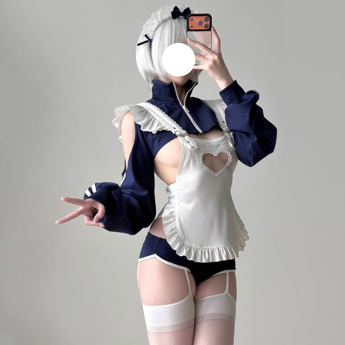 【胸元ハート窓×横乳】ブルマ風スポーティメイドコスプレ5点セット 体型カバー・75kg対応【エビスタジオ】