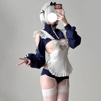 【胸元ハート窓×横乳】ブルマ風スポーティメイドコスプレ5点セット 体型カバー・75kg対応【エビスタジオ】