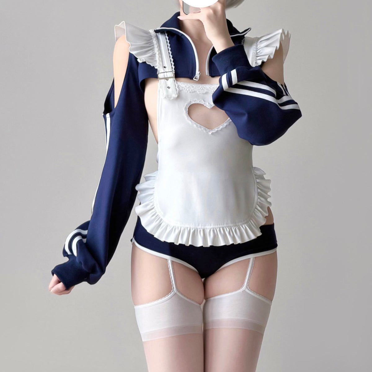 【胸元ハート窓×横乳】ブルマ風スポーティメイドコスプレ5点セット 体型カバー・75kg対応【エビスタジオ】