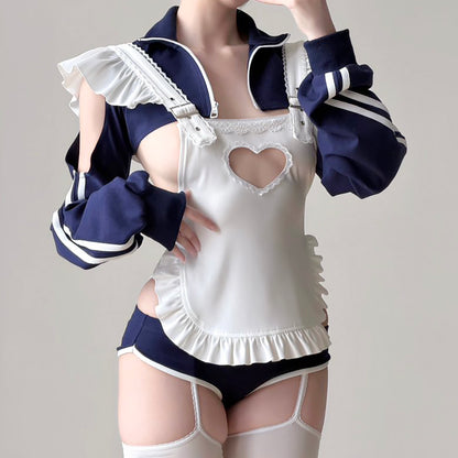 【胸元ハート窓×横乳】ブルマ風スポーティメイドコスプレ5点セット 体型カバー・75kg対応【エビスタジオ】