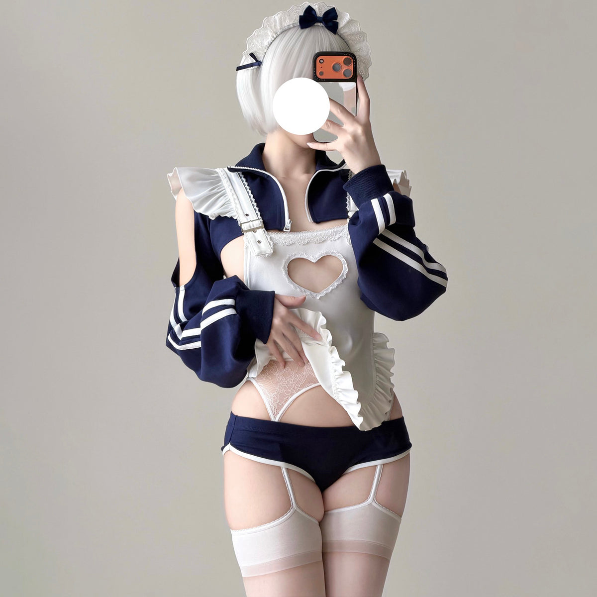 【胸元ハート窓×横乳】ブルマ風スポーティメイドコスプレ5点セット 体型カバー・75kg対応【エビスタジオ】