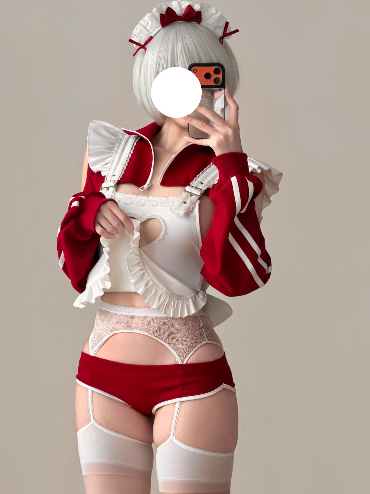 ブルマー風スポーティメイドコスプレ5点セット ワインレッド  体型カバー・75kg対応【エビスタジオ】