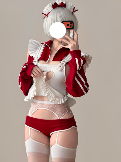ブルマー風スポーティメイドコスプレ5点セット ワインレッド  体型カバー・75kg対応【エビスタジオ】