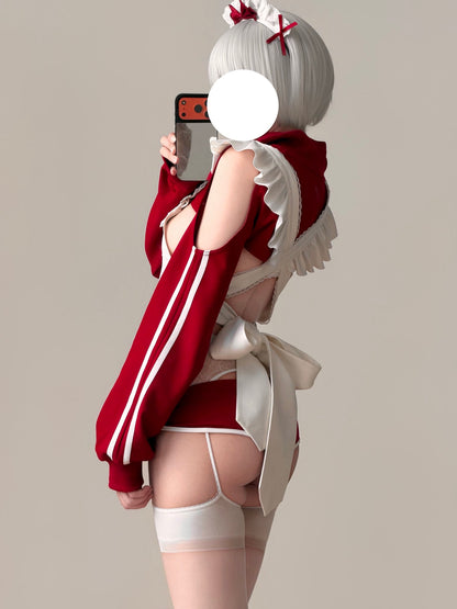 ブルマー風スポーティメイドコスプレ5点セット ワインレッド  体型カバー・75kg対応【エビスタジオ】