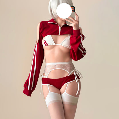 ブルマー風スポーティメイドコスプレ5点セット ワインレッド  体型カバー・75kg対応【エビスタジオ】