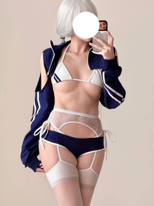 【胸元ハート窓×横乳】ブルマ風スポーティメイドコスプレ5点セット 体型カバー・75kg対応【エビスタジオ】