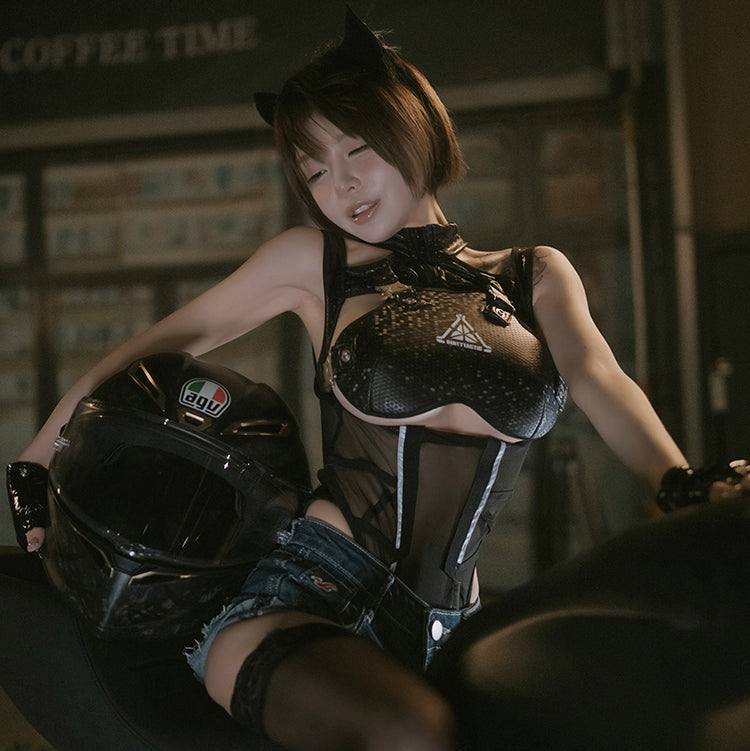 サイバー戦術風透け感のあるオープンバストレオタードコスプレ【得体社】