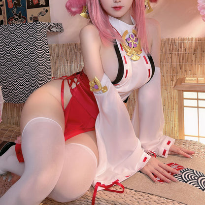 セクシーで妖艶な白赤の巫女風コスプレ 和風みこコスプレ 【TANG YUAN】
