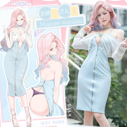 色気漂うお姉さん風エロいジッパー開けワンピースコスプレ 水色 マリアコスプレ【FEE ET MOI】