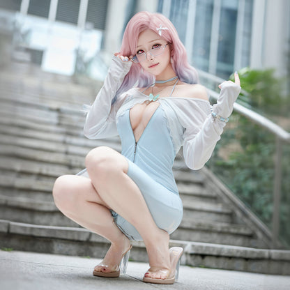 色気漂うお姉さん風エロいジッパー開けワンピースコスプレ 水色 マリアコスプレ【FEE ET MOI】