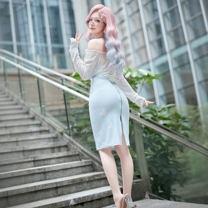 色気漂うお姉さん風エロいジッパー開けワンピースコスプレ 水色 マリアコスプレ【FEE ET MOI】