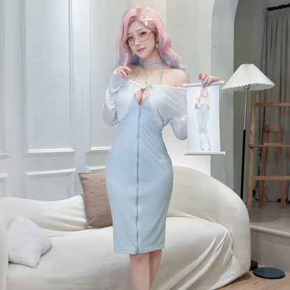 色気漂うお姉さん風エロいジッパー開けワンピースコスプレ 水色 マリアコスプレ【FEE ET MOI】