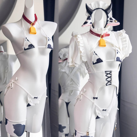 アズレン風カウペンス コスプレ 牛柄ビキニ セクシー メイド服 豪華セット 撮影会 アニマル 獣耳 角 カウベル付