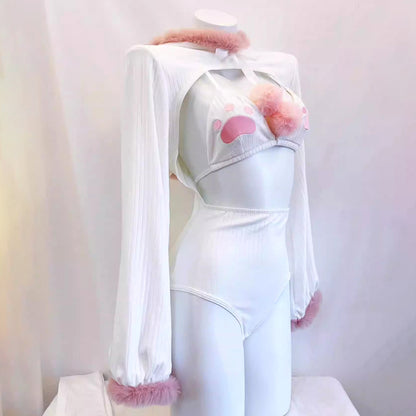 ふわもこネコ耳フード付きセクシーキュートなボディスーツコスチューム 白【BOLOLI】