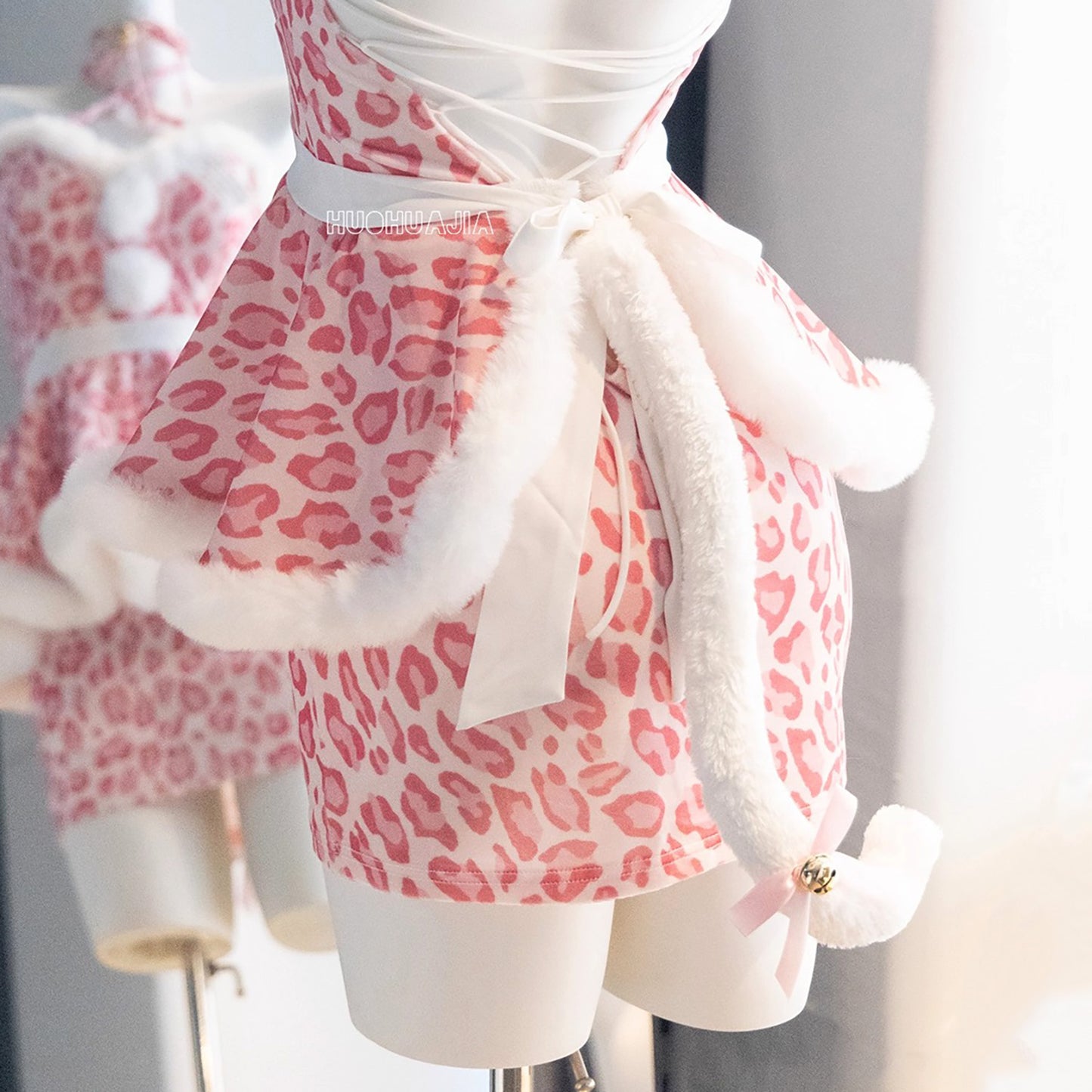 もこもこネコ耳ピンクレオパードセクシーワンピースコスチューム【火華家】