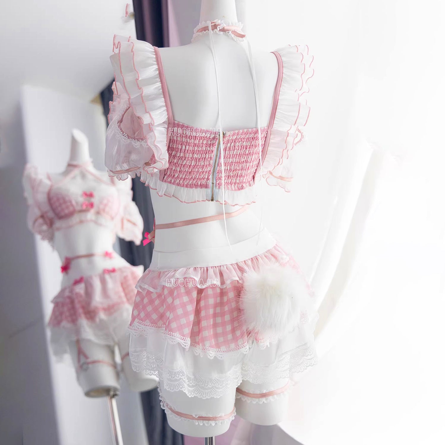 森ガール風 チェック柄 メイド服 萌えコスプレ エロ可愛い バニーガール コスチューム 2WAY スタイルアップ