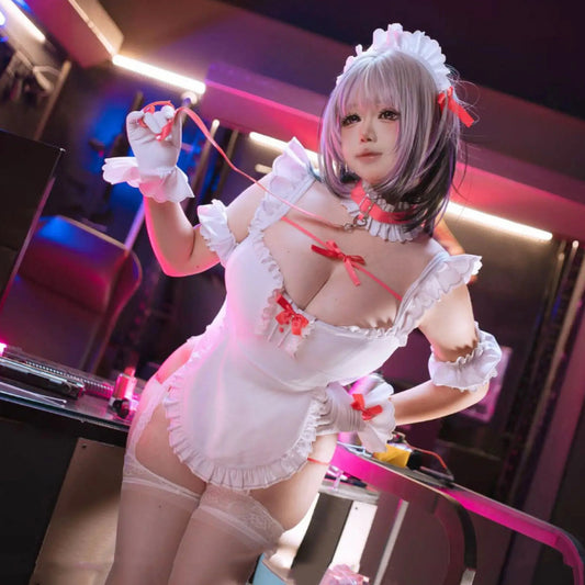 【予約】病みかわセクシー地雷系ハイレグメイドレオタードコスプレ7点セット ホワイト 地雷メイド【歪萌舍】