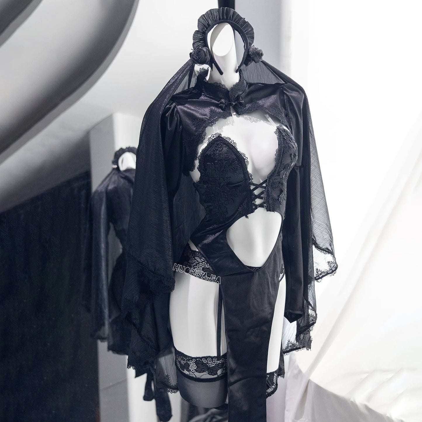 ブルアカ キサキ花嫁コスプレ7点セット 超高スリットドレスチャイナ 黒ウェディング【火華家】