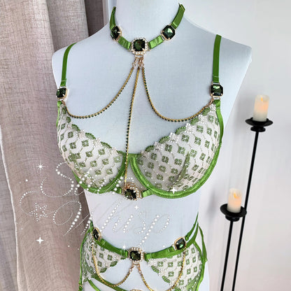 豪華ビジュー半透明フラワー刺繍ボディチェーンランジェリー ガーター付