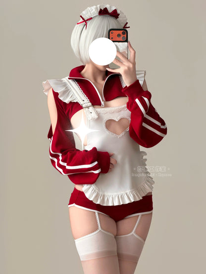 ブルマ風スポーティメイドコスプレ5点セット ワインレッド  体型カバー・75kg対応【エビスタジオ】