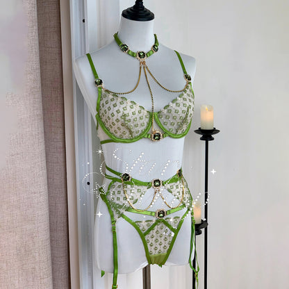 豪華ビジュー半透明フラワー刺繍ボディチェーンランジェリー ガーター付