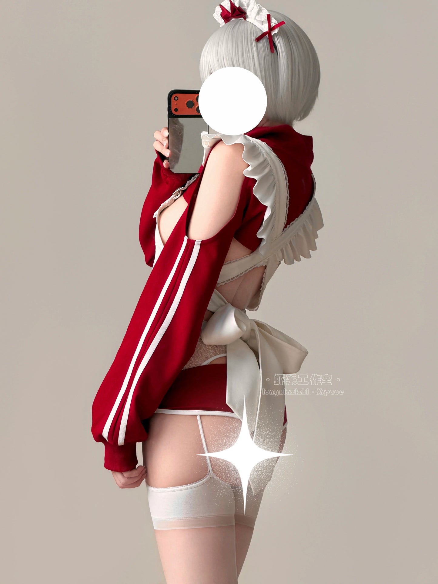 ブルマ風スポーティメイドコスプレ5点セット ワインレッド  体型カバー・75kg対応【エビスタジオ】