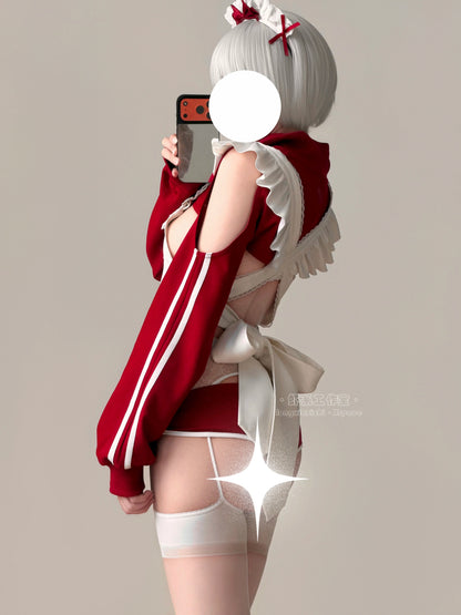 ブルマ風スポーティメイドコスプレ5点セット ワインレッド  体型カバー・75kg対応【エビスタジオ】
