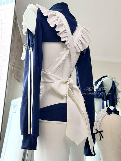 【胸元ハート窓×横乳】ブルマ風スポーティメイドコスプレ5点セット 体型カバー・75kg対応【エビスタジオ】