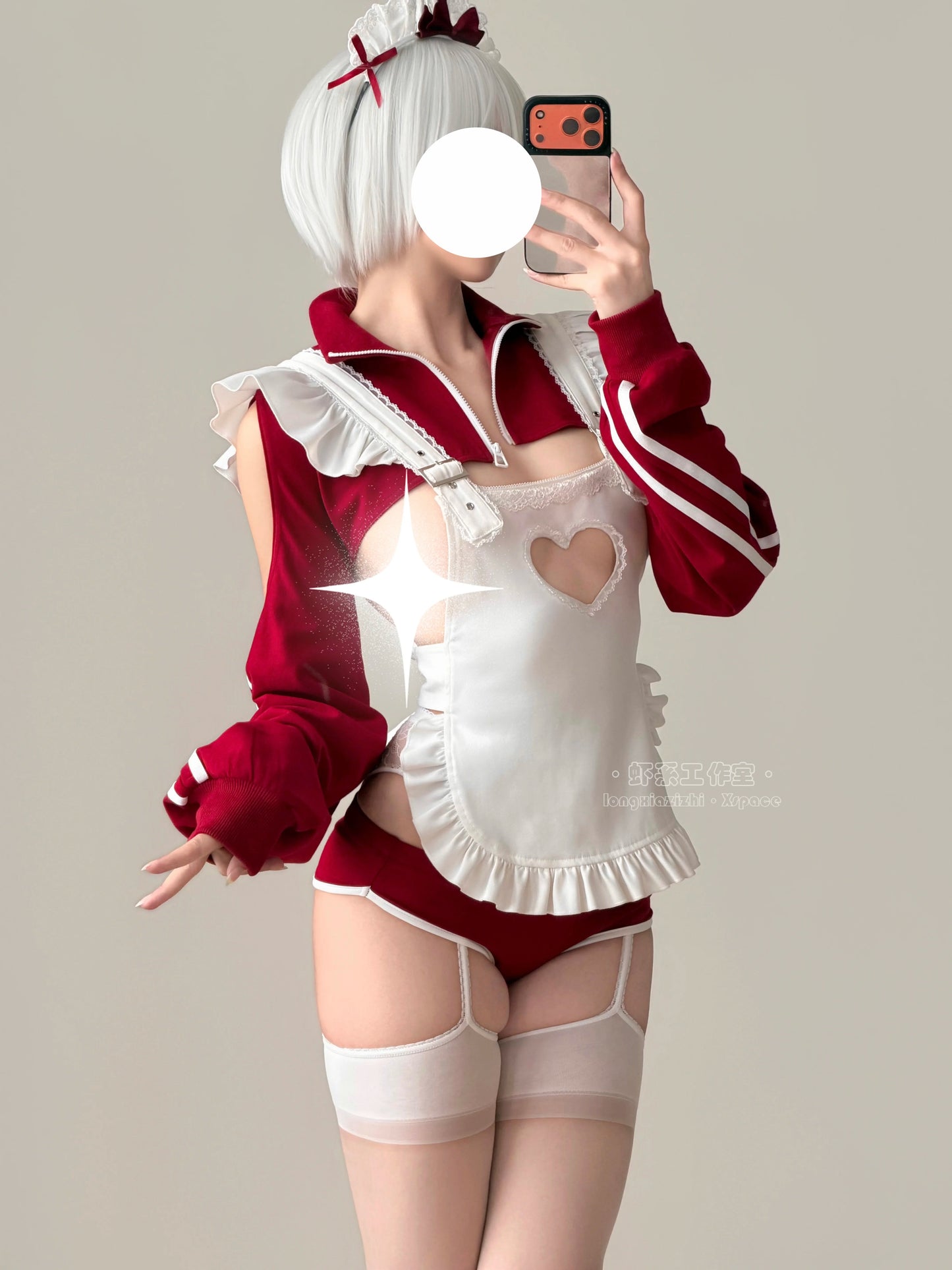 ブルマ風スポーティメイドコスプレ5点セット ワインレッド  体型カバー・75kg対応【エビスタジオ】