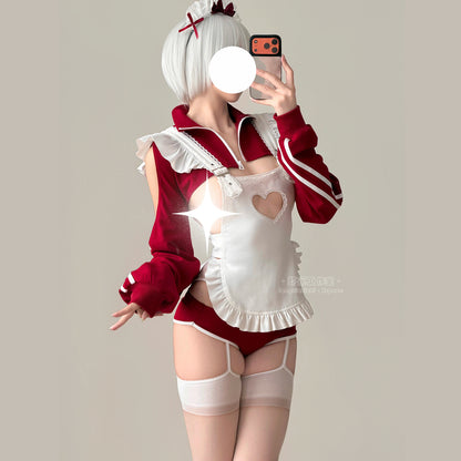 ブルマー風スポーティメイドコスプレ5点セット ワインレッド  体型カバー・75kg対応【エビスタジオ】